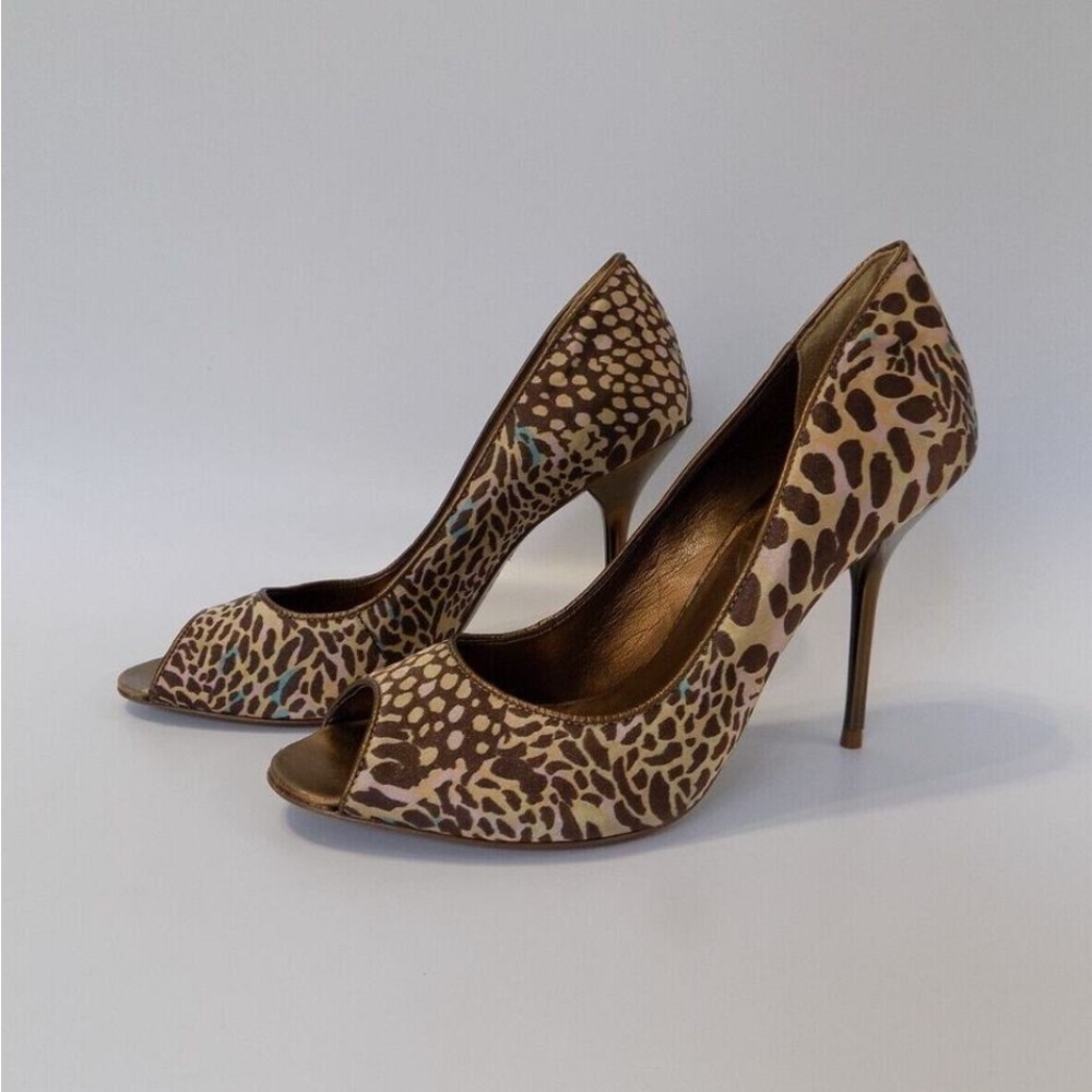 ALDO Leopard print high stiletto bronze heels peep toe women’s size 7 blue spots